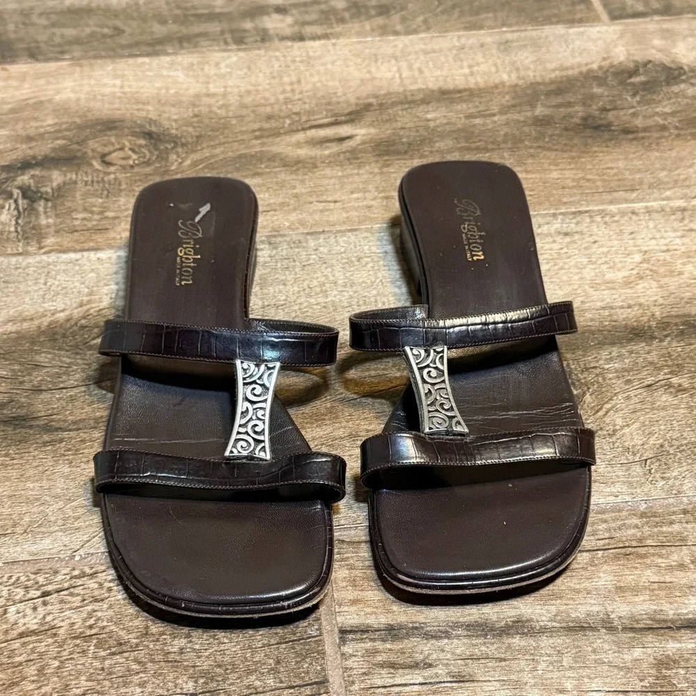 Brighton Dark Brown Croc-Trim Slide Sandals with Silver-Tone Accent